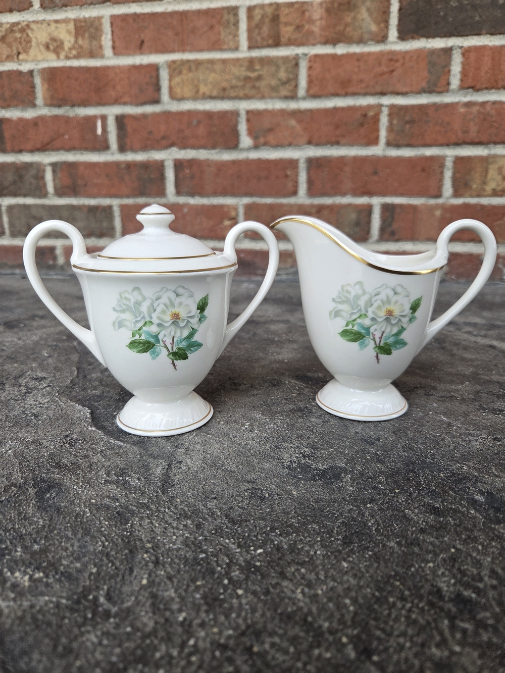 Vintage White Floral Silver Rose Porcelain Creamer and Sugar Set with Gold Trim